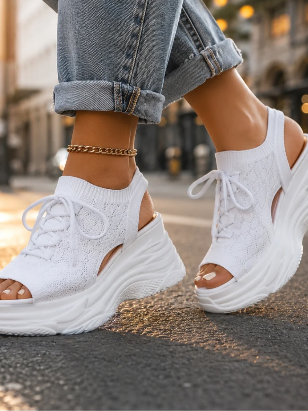 Women's White Knit Platform Sandal Sneakers